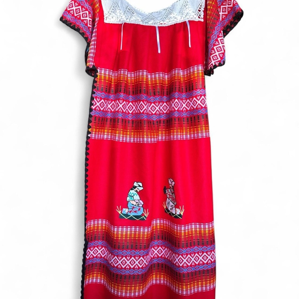 Vibrant Red Authentic Embroidered Mexican Dress